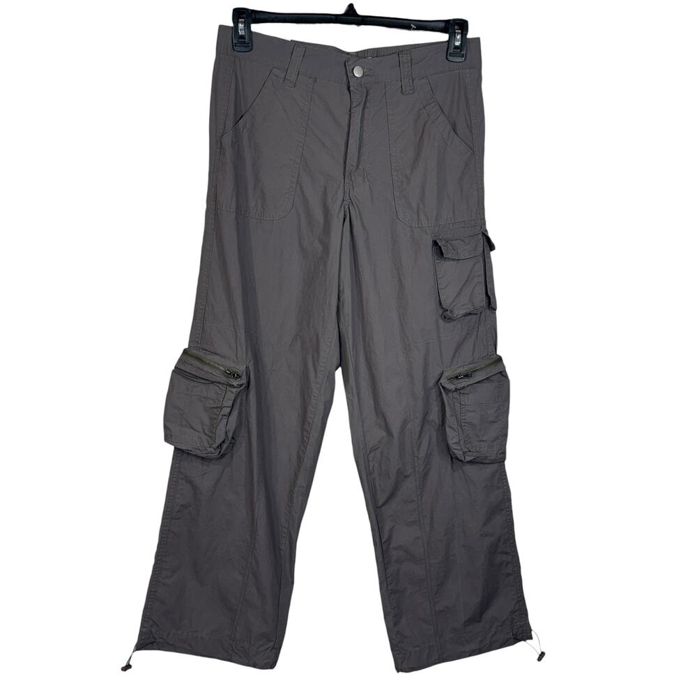 Rue21 Medium Parachute Pants Mid-Rise Zip Cargo Pockets Wide Leg Cinch Hems Gray